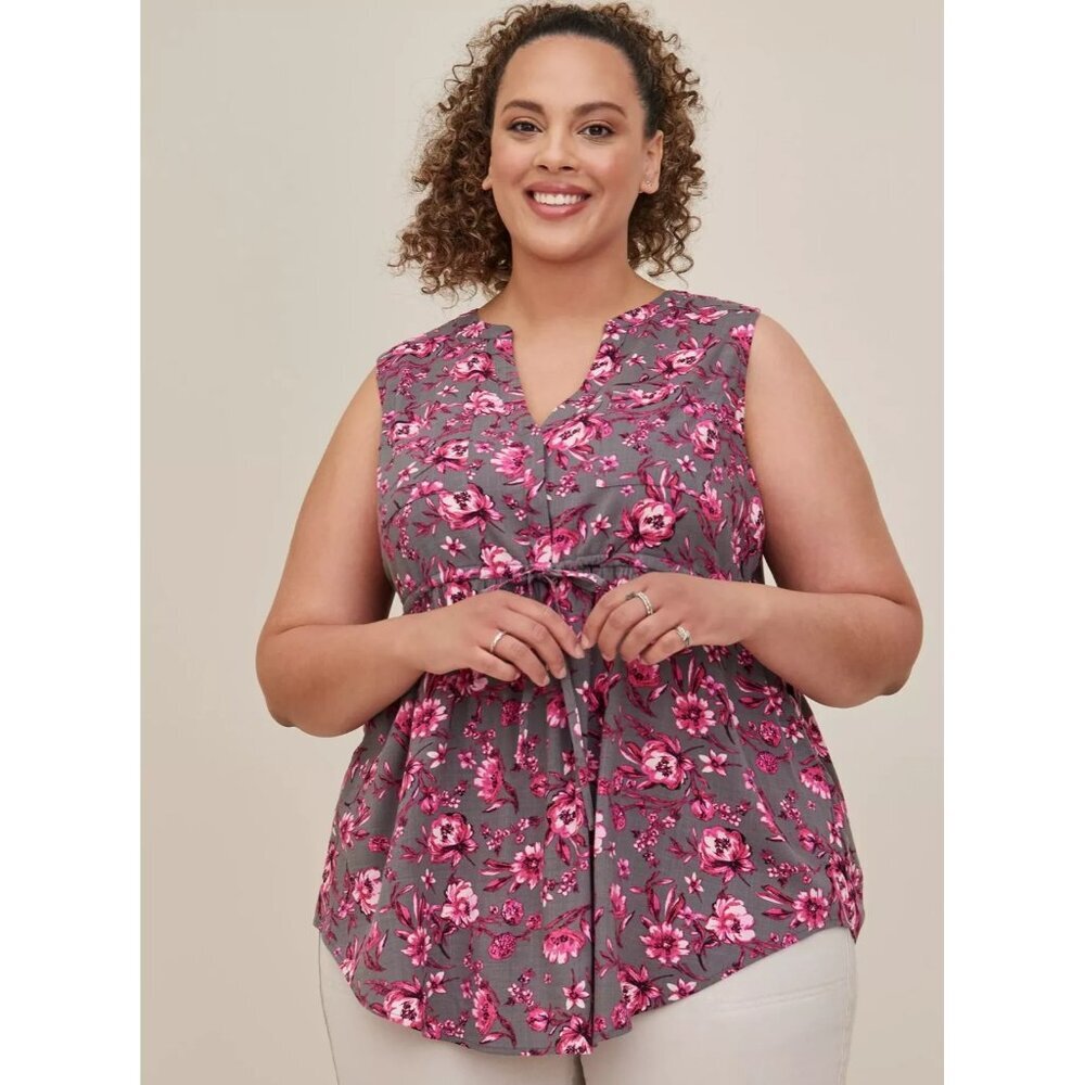 Torrid Emma Babydoll Rayon Slub‎ Tie Waist Sleeveless Tunic Top Floral Gray 1 1X